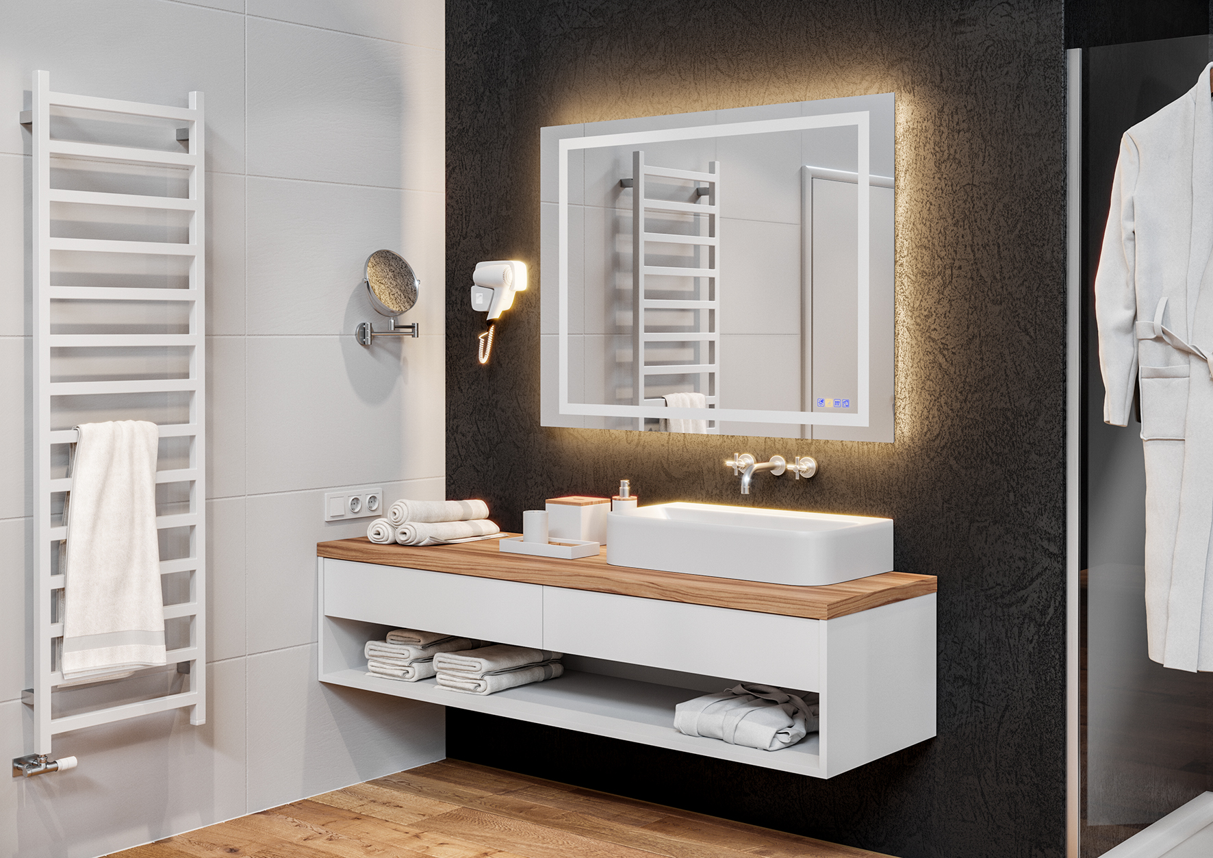 Dieser von Häfele entwickelte Badspiegel ist eine absolute Innovation. In ihm stecken verschiedene Lichtszenarien, ein Soundsystem und eine Heizung, die das Beschlagen des Spiegels wirkungsvoll verhindert.