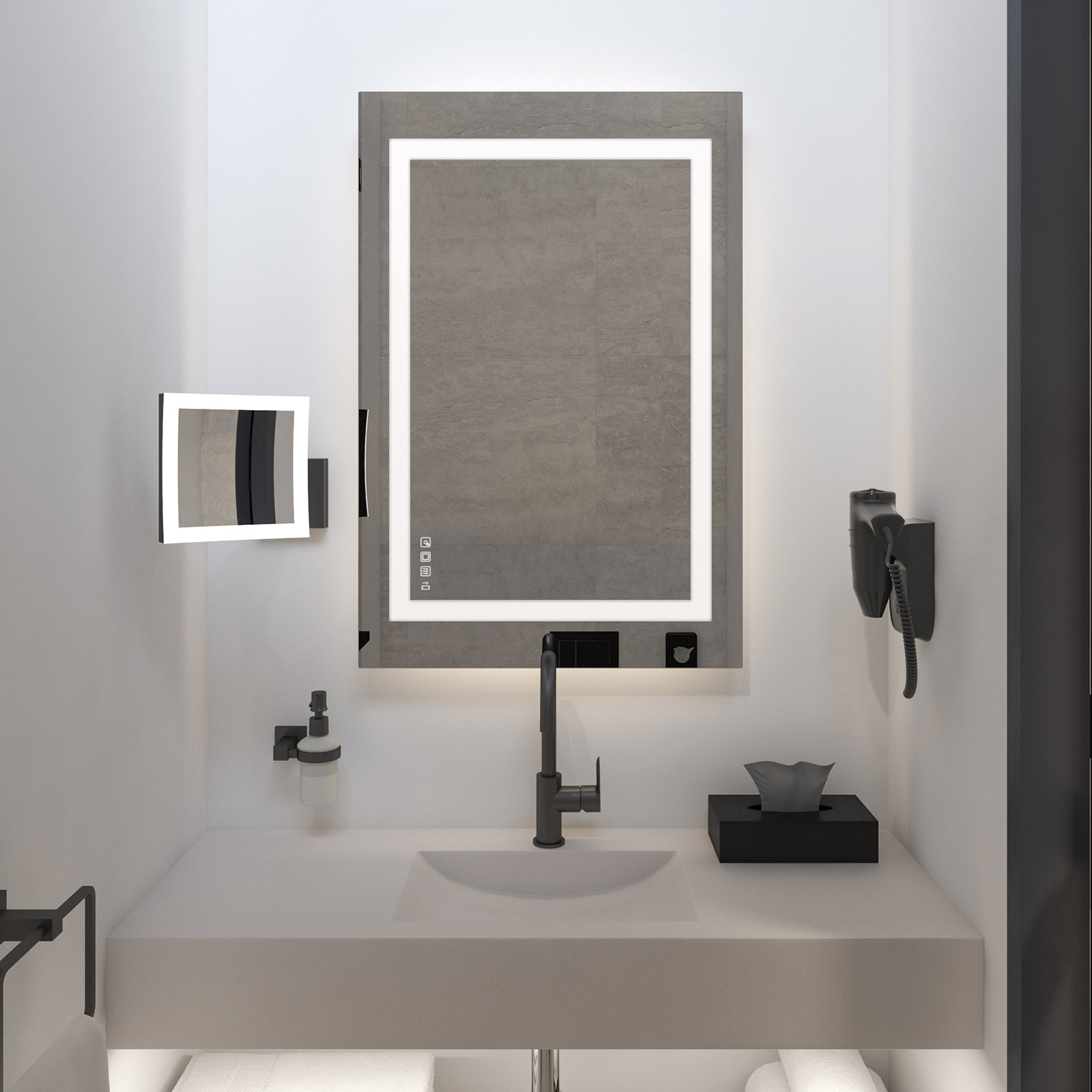 Der beheizbare und beleuchtete Badezimmerspiegel von Häfele mit integriertem Soundsystem macht die Benutzung des Bads zu einem besonderen Genuss für den Gast.