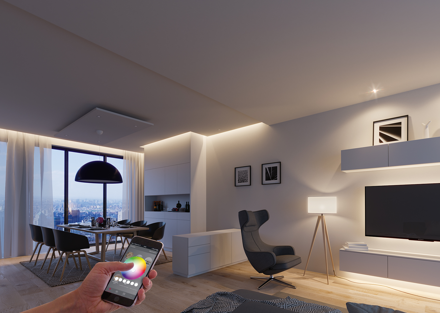 Häfele Connect, eine selbst entwickelte App für Smartphones und Tablets, vernetzt und steuert Licht und Sound sowie elektrische Antriebe im Möbel. Auch beim Thema Smart-Home ist Häfele als Vordenker dabei.