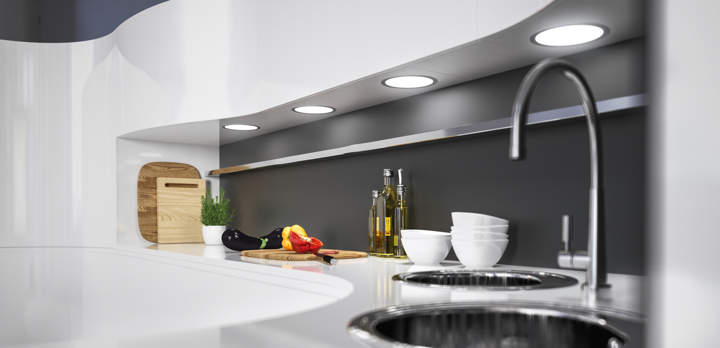 Schlichte Eleganz und homogene Lichtleistung sind die wichtigsten Merkmale der Einbau- und Unterbauleuchten Loox LED 3022. Ihre flache Bauform ermöglicht kreative Anwendungen.