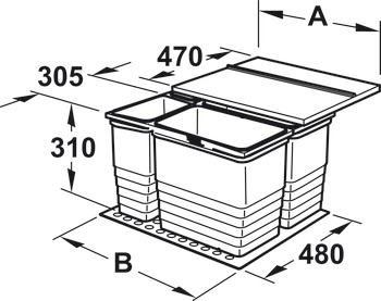 Dreifach- und Vierfach-Abfallsammler, für Blum Tandembox, 2 x 8 und 1 x 17 Liter / 2 x 8 und 2 x 17 Liter