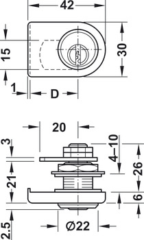 Glastür-Hebelverschluss, mit Stiftzylinder, Dornmaß 26 mm, Normalprofil kundenspezifisch