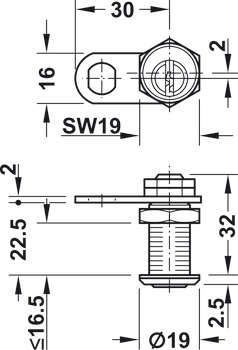 Hebelverschluss, mit Stiftzylinder, Mutternbefestigung, Schließweg 90° (umstellbar, mit Schließzwang), Türdicke ≤ 16,5 mm