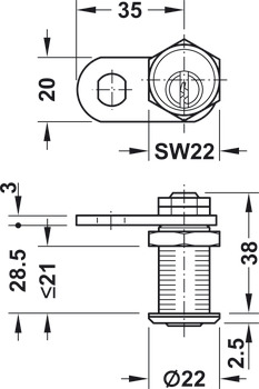 Hebelverschluss, mit Stiftzylinder, Mutternbefestigung, Schließweg 90° (umstellbar, mit Schließzwang), Türdicke ≤21 mm