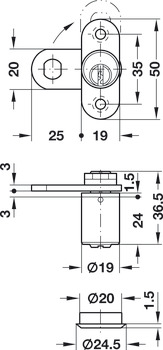 Hebelverschluss, mit Stiftzylinder, Anschraubplatte, Schließweg 90° (umstellbar, mit Schließzwang), Türdicke ≤21 mm