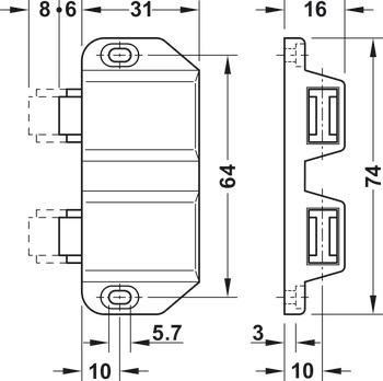 Magnet-Druckverschluss, Haftkraft 2,5 kg, zum Schrauben, für 2-flügelige Glastüren