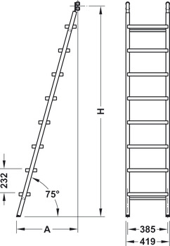 Schiebeleiter Service+ Maßgeschneidert, mit Holzstufen, Stufenträger aus Edelstahl
