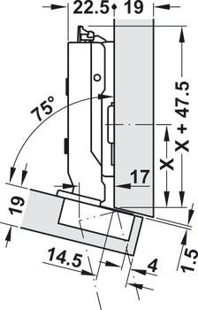 Topfscharnier, Tiomos 120°, für –15°-Winkelanwendungen, aufliegend