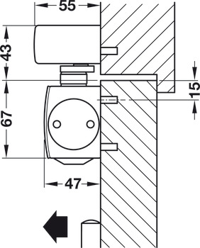 Obentürschließer, Geze TS 5000 R-ISM, für 2-flügelige Türen, mit elektromechanischer Feststellung und Rauchschalterzentrale, Normalmontage Bandseite, EN 2–6