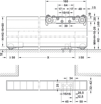 Schiebetürbeschlag, Häfele Slido D-Line43 80M, Garnitur mit Laufschiene für 1 Türflügel