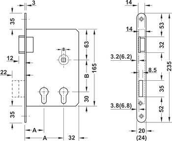 Einsteckschloss, BMH 1015, für Drehtüren, Profilzylinder, Dornmaß 60/100 mm
