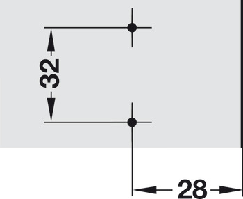 Kreuzmontageplatte, Häfele Duomatic A, Stahl oder Zinkdruckguss, mit Spanplattenschrauben, Kantenabstand 28 mm