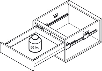 Innenauszug-Garnitur, Häfele Matrix Box P50 VIS, mit Blende vorne und Längsreling rechteckig, Zargenhöhe 115 mm, Tragkraft 50 kg