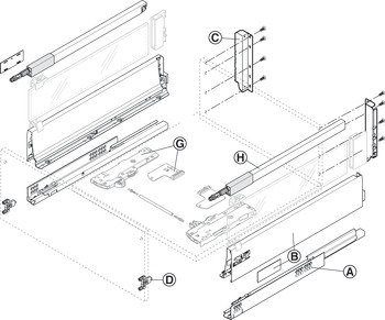 Frontauszug-Garnitur, Blum Tandembox antaro, mit Korpusschiene Blumotion / Tip-On Blumotion, Reling D, Systemhöhe M, Zargenhöhe 83 mm