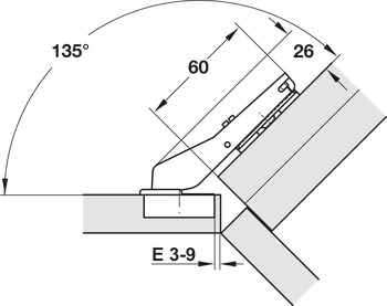 Topfscharnier, Häfele Metalla 510 A/SM 110°, für 45°-Winkelanwendung, für bündige Fronten