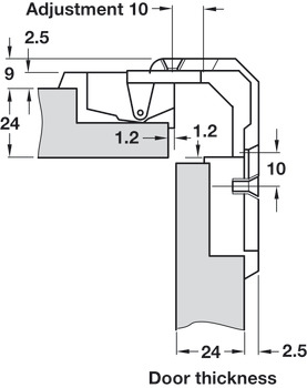 Scharnier, für Eckschrank-Falttür, Fuge 4–18 mm