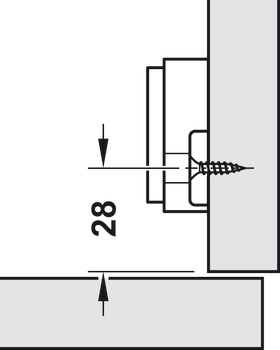 Kreuzmontageplatte, Häfele Duomatic A, Stahl oder Zinkdruckguss, mit Spanplattenschrauben, Kantenabstand 28 mm