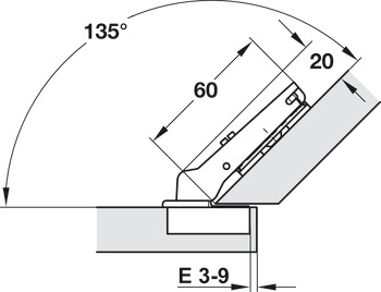 Topfscharnier, Häfele Duomatic Plus 110°, für 45°-Winkelanwendung, aufschlagend