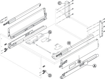 Frontauszug-Garnitur, Blum Tandembox antaro, mit Korpusschiene Blumotion / Tip-On Blumotion, Reling D, Systemhöhe K, Zargenhöhe 115 mm